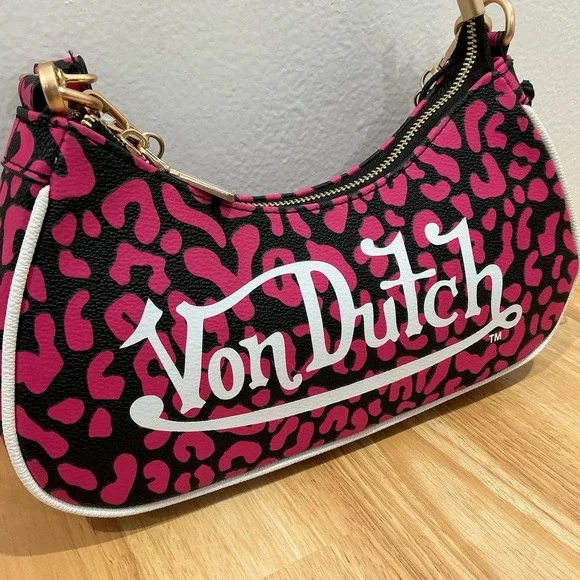NEW Von Dutch HOT Pink Cheetah Print Shoulder Bag Detachable Chain Wrench Charm - Picture 2 of 11